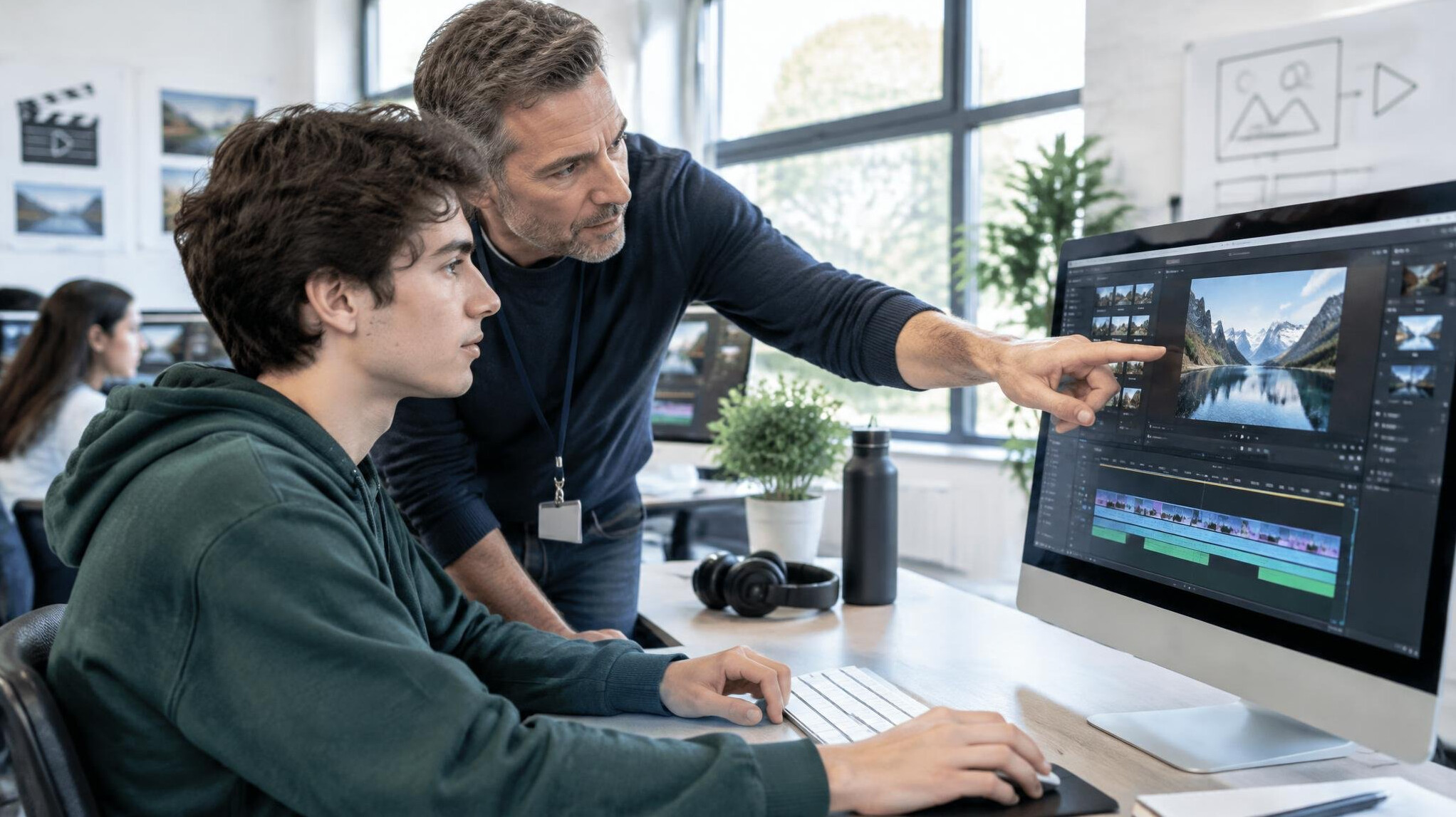 Instructor guiding a student at an editing workstation